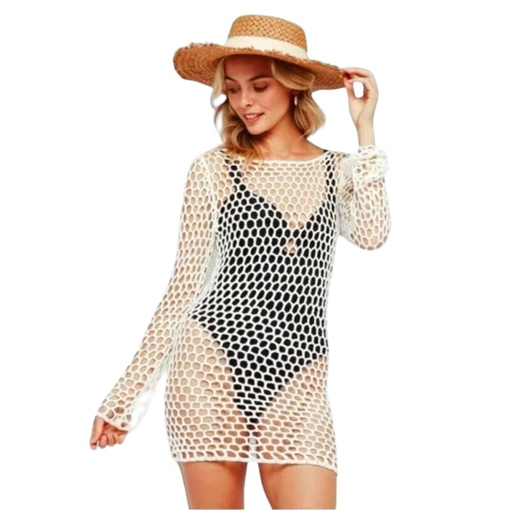 NEW Olivaceous Crochet Long Sleeve Mini Dress or Swim Cover Large